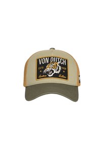 Gorra de béisbol color khaki con una parte trasera de malla marrón. Presenta un parche de tigre bordado y el texto "VON DUTCH" en negro y amarillo.