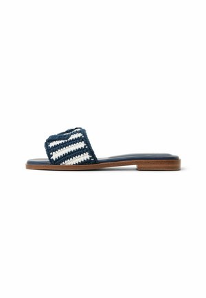 Blue and white woven slide sandal with a flat brown sole. Features striped pattern on the upper and smooth texture. Casual design.