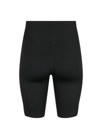 Pantaloni ciclisti neri realizzati in tessuto elasticizzato. Design aderente, lunghezza fino a metà coscia, texture liscia, senza cuciture o dettagli visibili.
