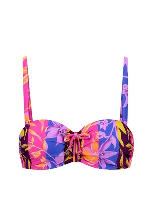 Top de bikini floral en vibrantes colores púrpura, rosa y amarillo. Presenta tirantes ajustables, un detalle de lazo en el centro y una varilla removible.