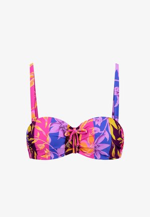 Blumen-Bikini-Oberteil in lebhaftem Lila, Pink und Gelb. Mit verstellbaren Trägern, einer Schleifendetail in der Mitte und einem herausnehmbaren Bügel.