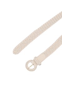 Geflochtenem weißes Leder-Gürtel mit einer kreisförmigen, goldfarbenen Metallschnalle und passenden Lederakzenten. Glatte Textur, feine Handwerksdetails.