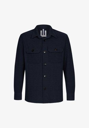 Marineblauwe overhem shirt van textuur stof, met twee borstzakken en een klassieke kraag, voorzien van zwarte knopen en rechte manchetten.