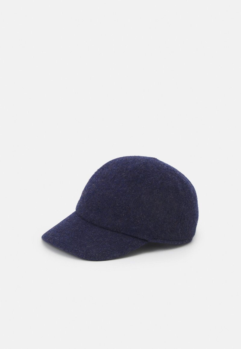 Navy wool cap with a curved brim, rounded crown, and a soft texture. Features a seamless design, providing a fitted, cozy appearance.