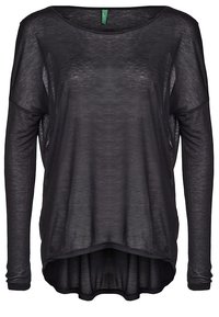 Black sheer long-sleeve loose-fit top with a round neckline and high-low hem, displayed on a white background.