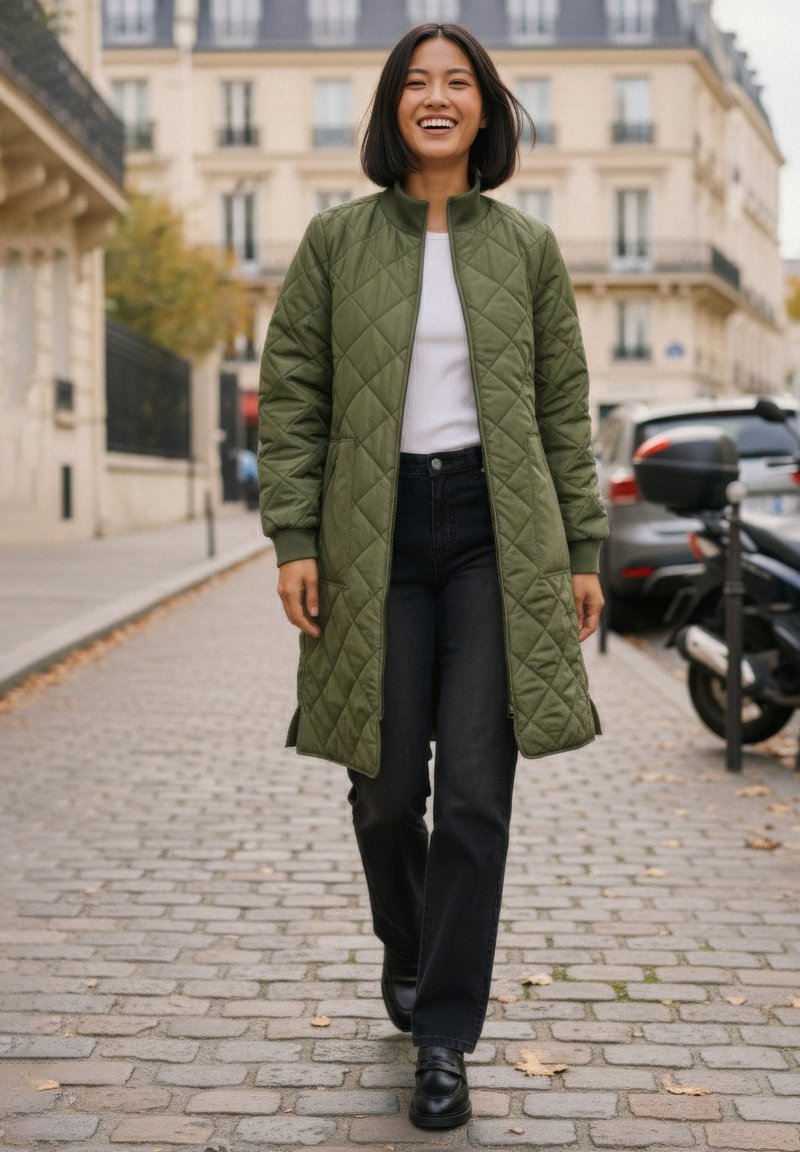 Cappotto lungo verde trapuntato con colletto alto, abbinato a una maglietta bianca e jeans scuri, mentre cammina su una strada ciottolata. Scarpe nere.