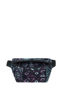 Bolso de cintura de forro polar con un patrón geométrico en tonos de negro, púrpura y azul verdoso. Cuenta con un cierre con cremallera y una correa ajustable.
