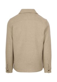 Beige, wolmix jas met een kraag, achterstuk en knoopmanchetten. Beschikt over een gladde textuur en een klassieke pasvorm met minimale details.