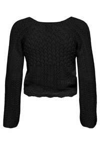 Pull en tricot noir à manches longues, présentant un motif texturé et un design court. Ourlet festonné en bas.