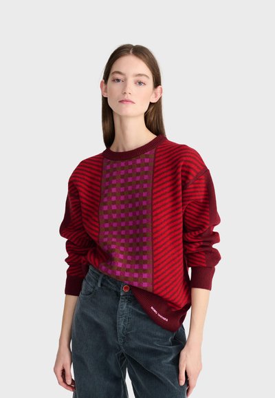 Jeune femme aux longs cheveux bruns portant un pull à carreaux et rayures rouge et violet avec un pantalon en velours côtelé gris foncé, debout devant un fond blanc.