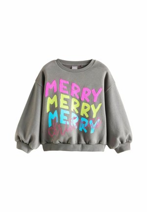 Sweat gris avec manches ballon avec texte coloré "MERRY MERRY MERRY" en rose, jaune, bleu et "Christmas" en cursive rouge.
