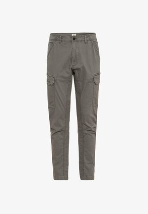 Herre grå slim-fit cargobukser med forreste knap, lynlås, bæltestropper, skrå sidelommer og klaplommer på lårene.