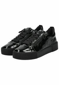 Sneakers neri con finitura lucida e in vernice. Le caratteristiche includono lacci, zip decorative, punta arrotondata e suola in gomma texturizzata.