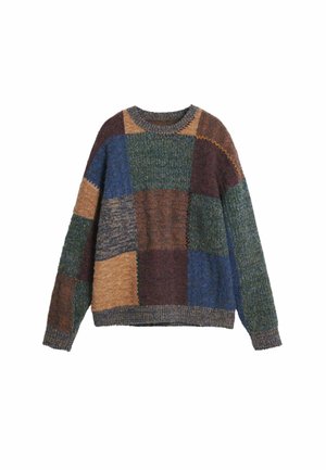 Knitted sweater with a patchwork design in brown, green, blue, and tan. Features a round neckline and textured knit patterns.