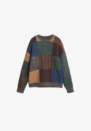 Knitted sweater with a patchwork design in brown, green, blue, and tan. Features a round neckline and textured knit patterns.