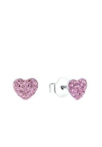 Herzförmige Ohrringe mit einem pinken Steindesign, silbernen Metallelementen und einer glänzenden Oberfläche, die mit mehreren rosa Strasssteinen verziert sind.