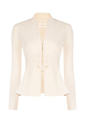 Veste ajustée de couleur crème avec manches longues, fermeture éclair à l'avant, détail froncé à la taille et ourlet légèrement évasé.