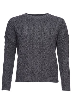 Mørkegrå kabelstrikket sweater med lange ærmer og ribbede manchetter og kant, med rund halsudskæring.