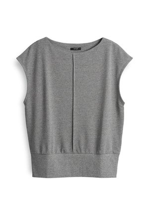 Maglietta grigia a maniche corte con scollatura rotonda, caratterizzata da una sottile trama, una cucitura centrale sul retro e una vita aderente.