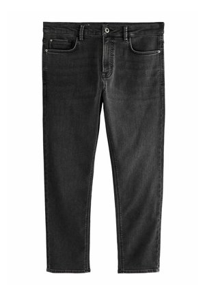 Black denim jeans with a straight cut, featuring five pockets, belt loops, and a button front closure. The fabric has a smooth texture.