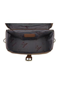 Brown leather bag with a gray, patterned interior. Features a smooth texture, zippered closure, and a single buckle detail on the strap.