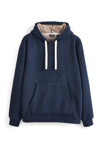 Sweat à capuche bleu marine en tissu gaufré texturé, avec une capuche doublée beige, deux cordons blancs et une poche avant. Les poignets et l'ourlet sont bleu marine uni.