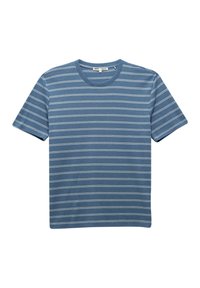 Camiseta azul de manga corta hecha de algodón con rayas blancas horizontales, escote redondeado y un corte relajado. Textura suave. Sin logotipos visibles.