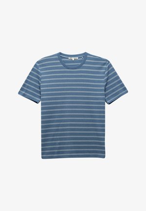 Blauwe T-shirt met korte mouwen van katoen, voorzien van horizontale witte strepen, een ronde halslijn en een relaxte pasvorm. Soepele textuur. Geen zichtbare logo's.