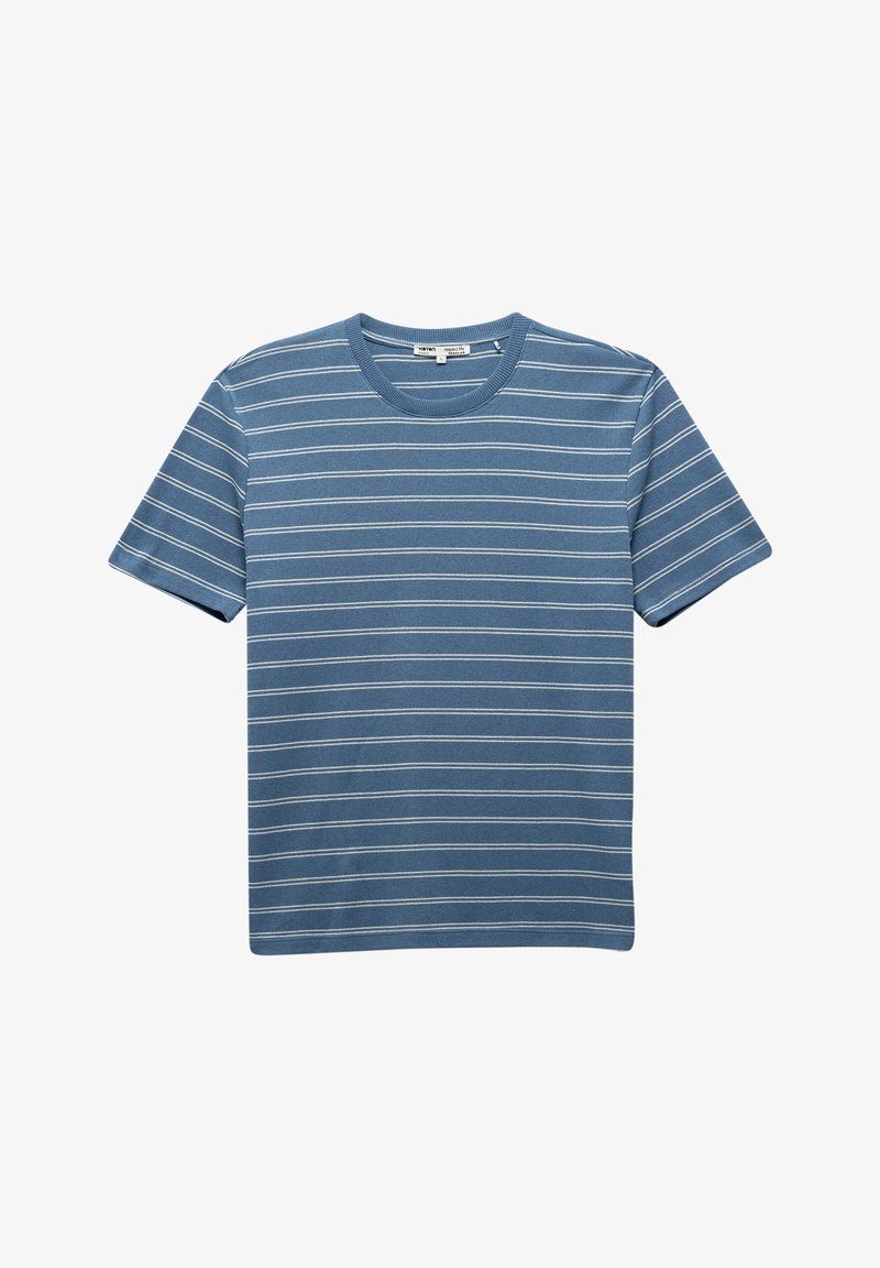 Blå kortärmad T-shirt i bomull med horisontella vita ränder, rundad halsringning och en avslappnad passform. Slät textur. Inga synliga logotyper.