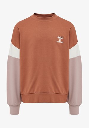 Brauner Sweatshirt mit Rundhalsausschnitt, langen Ärmeln in Hellrosa und Weiß, mit einem kleinen weißen Logo auf der Brust. Weicher Stoff, lässiges Design.