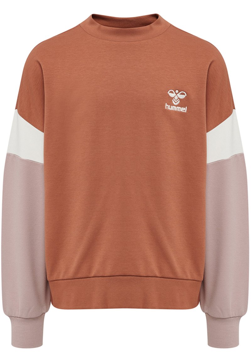 Brun sweatshirt med rund hals, långa ärmar i ljusrosa och vitt, med en liten vit logotyp på bröstet. Mjuk tyg, avslappnad design.