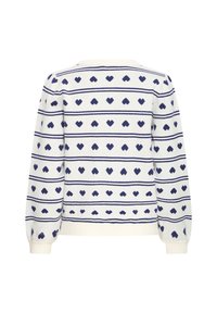 Pull blanc à rayures horizontales bleues et motifs en forme de cœur. Manches longues et encolure arrondie. Texture douce et coupe décontractée.