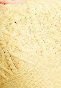 Světlý žlutý pletený svetr s propracovaným copánkovým vzorem a texturovanými vzory po celém svetr. Měkká, hrubá příze přidává teplo a dimenzi.