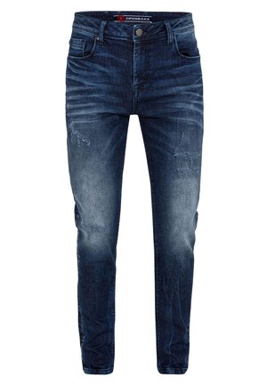 Dunkelblaue Denim-Jeans im Slim-Fit, mit verblassten Akzenten und abgewetztem Patches. Klassisches Fünf-Taschen-Design, Metallknopfverschluss.