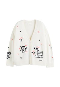 Elfenbeinfarbener Strickcardigan mit bunten gestickten Figuren, Diamanten- und Herzmustern; V-Ausschnitt-Design mit fünf Knöpfen vorne.