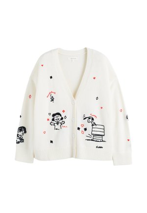 Ivory knit cardigan featuring colorful embroidered characters, diamond, and heart patterns; v-neck design with five front buttons.