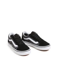 Sneakers Vans neri in materiali scamosciati e in tela, con un design del logo bianco, chiusura con lacci nella parte anteriore e suola in gomma con bordo bianco a contrasto.