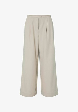 Beige vidde bukser med høj talje, frontknap og lynlås lukning, samt stikninger ved kanten.