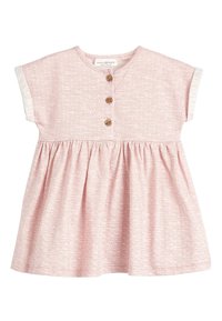 Rosa Kleid mit geometrischem Muster, kurzen Ärmeln und drei Holzknöpfen. Es hat eine geraffte Taille und eine strukturierte Veredlung an den Ärmeln.
