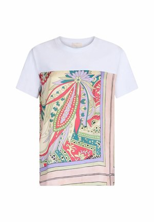 T-shirt bianco a maniche corte con una vivace stampa floreale e paisley sul davanti, con una texture morbida e una vestibilità rilassata.