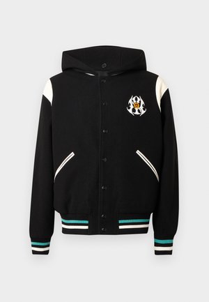 Black hooded varsity jacket with white sleeves, button closure, side pockets, and striped accents in teal and white. Features a printed emblem.