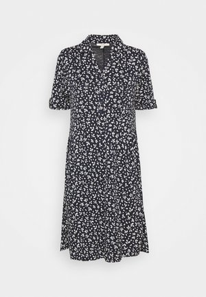 Marineblaues knielanges Kleid mit weißem Blattmuster, kurzen Ärmeln mit umgeschlagenen Manschetten und einem Kragen mit V-Ausschnitt.