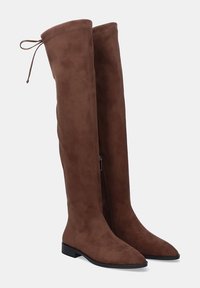 Botas de ante marrón hasta la rodilla con tacones bajos en bloque, punteras afiladas, cremalleras laterales y lazos ajustables en la parte trasera.