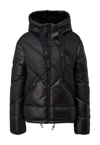 Sort pufferjakke med hætte, med et kviltet mønster, zip-closure og sorte snore-detaljer. To diagonale frontlommer.
