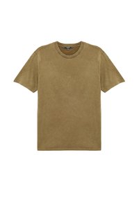 Oliwkowa koszulka bawełniana z okrągłym dekoltem, krótkimi rękawami i miękką, gładką teksturą. Minimalistyczny wzór, brak widocznych wzorów lub ozdób.