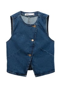 Gilet en denim bleu foncé, sans manches, comportant cinq boutons métalliques et deux poches avant. Fini propre avec une surface texturée.