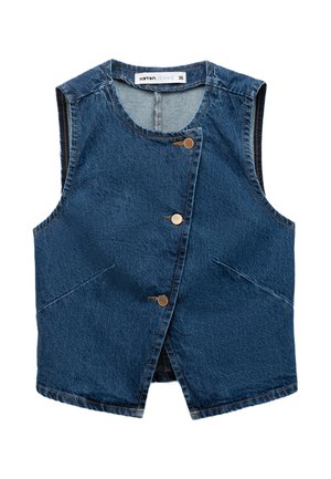 Denim harnas in diepblauw, mouwloos ontwerp, met vijf metalen knopen en twee voorzakken. Heeft een schone afwerking en een gestructureerd oppervlak.