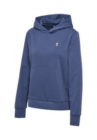 Sweat à capuche bleu à manches longues avec poche kangourou à l'avant et petit logo double chevron blanc sur la poitrine gauche.