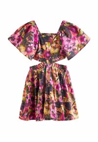 Blumenmusterkleid mit kurzen Puffärmeln, elastischem Taillenbund und gestuftem Rock. Die Farben umfassen Pink, Gelb, Grün und Schwarz. Leichter Stoff.