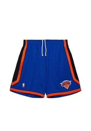 Blauwe basketbalshorts met zwarte zijkanten, oranje bies en het logo van de New York Knicks. Voorzien van een elastische tailleband en een trekkoord. Gemaakt van mesh-stof.